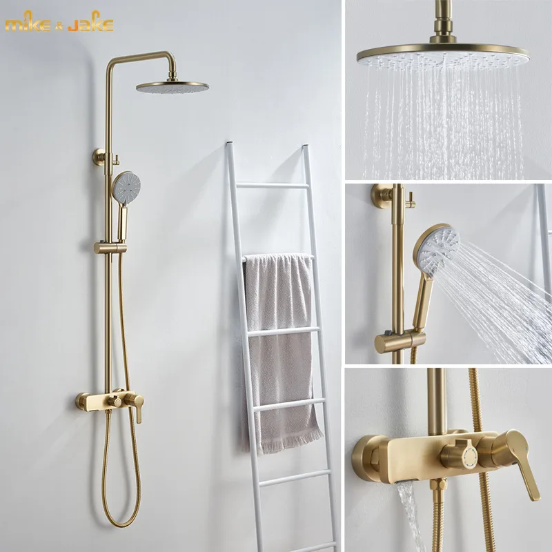 Luxury brass gold brush shower mixer rainfall big flat shelf shower tap frosted gold bathtub shower tap hot and cold shower