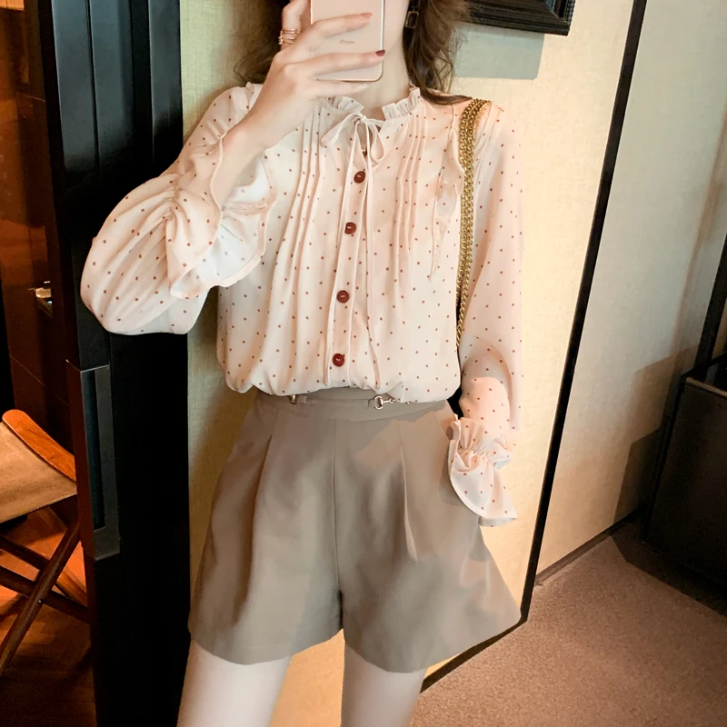 Top Femme 2021 Lente Nieuwe Golf Dot Shirt Koreaanse Mode Vrouwen Chiffon Overhemd Top Kant Stand Kraag Boog Bloemblaadje mouw Blouses