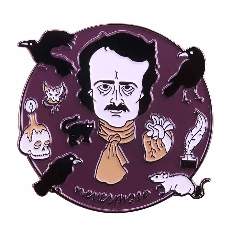 Edgar Allan Poe enamel pin Nevermore The Raven Brooch Gothic Creepy Odd Halloween Horror Jewelry