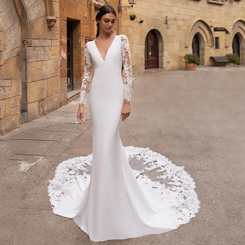 Vestido de Mariage Maniche Lunghe Abiti Da Sposa 2021 Mermaid Scollo A V In Pizzo Appliques Abiti Da Sposa Backless Abito Da Sposa Da Turchia