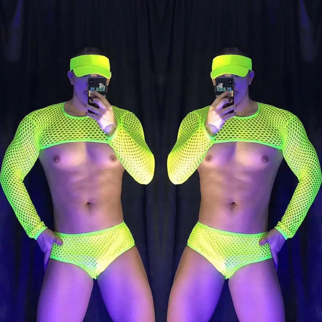 Men's Fluorescent Green Shoulder Sleeve Shorts Bar Dancers Nightclub DJ Stage Performance Rave Outfit Sexy Pole Dance Costume