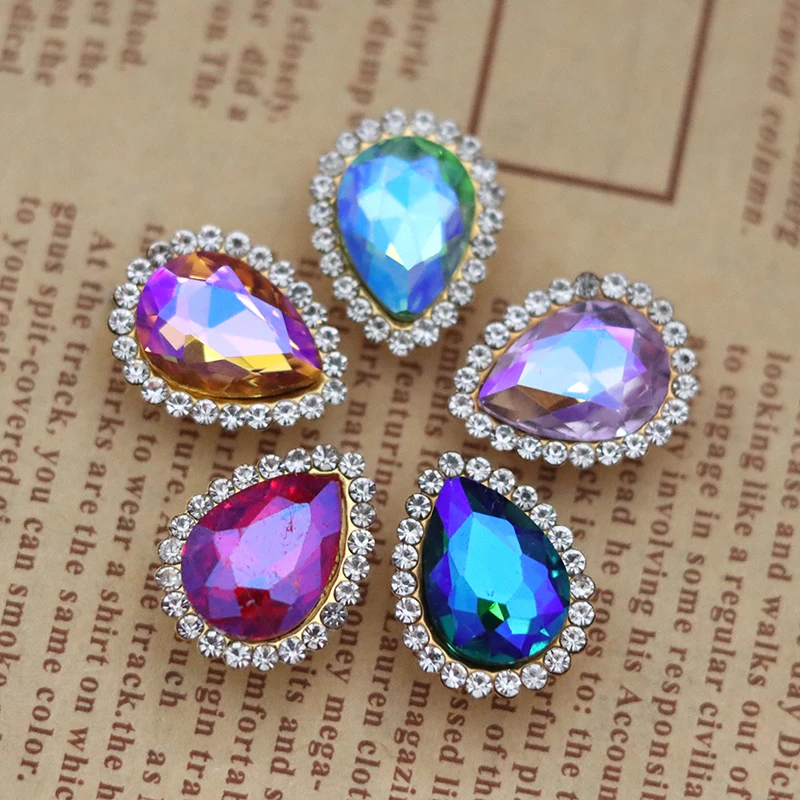 10pcs Mix Color Glitter Rhinestones Glass Sew On Stones With Gold Claw 10x14mm Teardrop Crystals For Needlework Diy Shoes