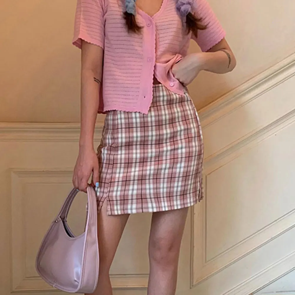 Jolee Jocoo 2021 kobiety lato koreański Sexy Retro Plaid Y2K słodka wysoka talia Mini spódniczka A-Line Zipper styl Preppy do klubu na imprezę