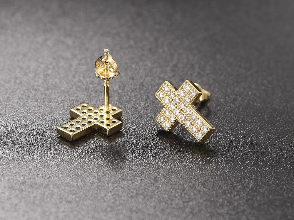 Hip-Hop Kristall-Kreuz-Ohrstecker für Männer und Frauen, Iced-Out Gewindeohrring, Luxus-Modeschmuck, Punk-Rock-Accessoires OHE103 – Detail 3