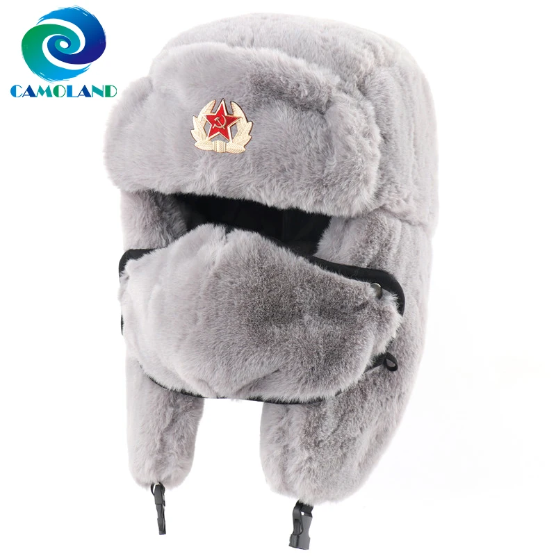 CAMOLAND Winter Thermal Faux Rabbit Fur Bomber Hats Women Men Soviet Army Military Badge Russia Hat Face Neck Earflap Snow Caps