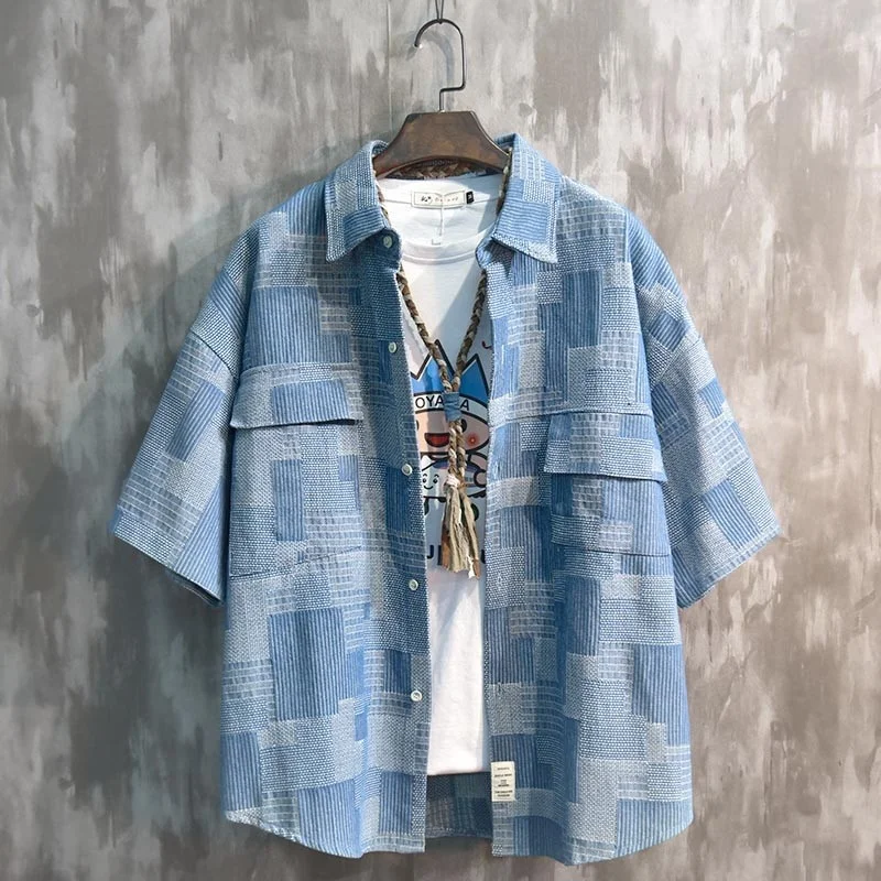 Hop Hip Short Sleeve Plaid Shirt Men Summer Thin Single Breasted Denim Shirt Fashion Harajuku Loose Fit Casual Tops Streetwear