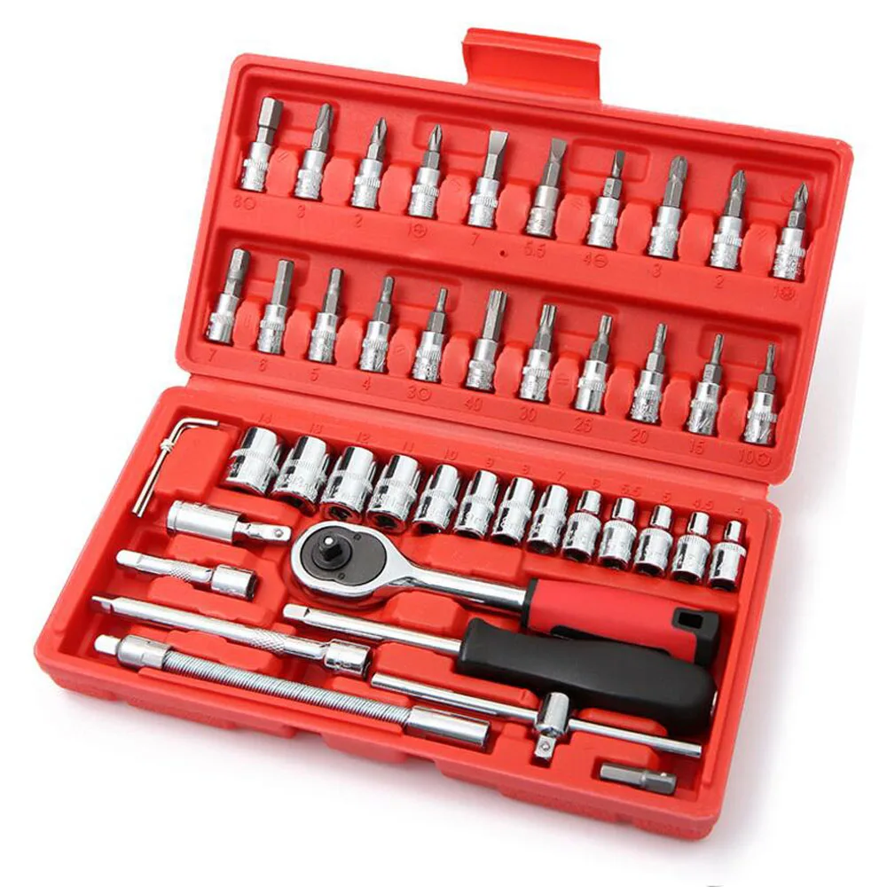 Car Repair Tool 46 PCS 1/4-Inch Socket Set Car Repair Tool Ratchet Torque Wrench Combo Tools Kit Auto Repairing Tool Set