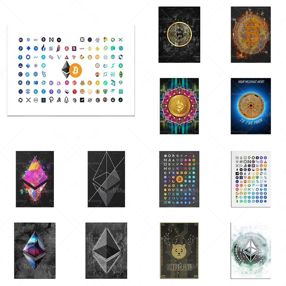 Toile d'art murale sur le thème de l'économie, Bitcoin, Ethereum, Cardano, crypto-monnaies, affiche nordique imprimée pour le salon, le bureau, la décoration de la maison