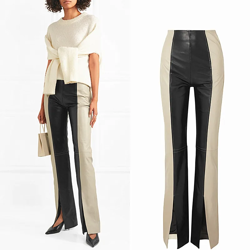 Can fit 200cm height Fashion full length hit color leather pants Spring female High Quality split design pu leather Pants F840