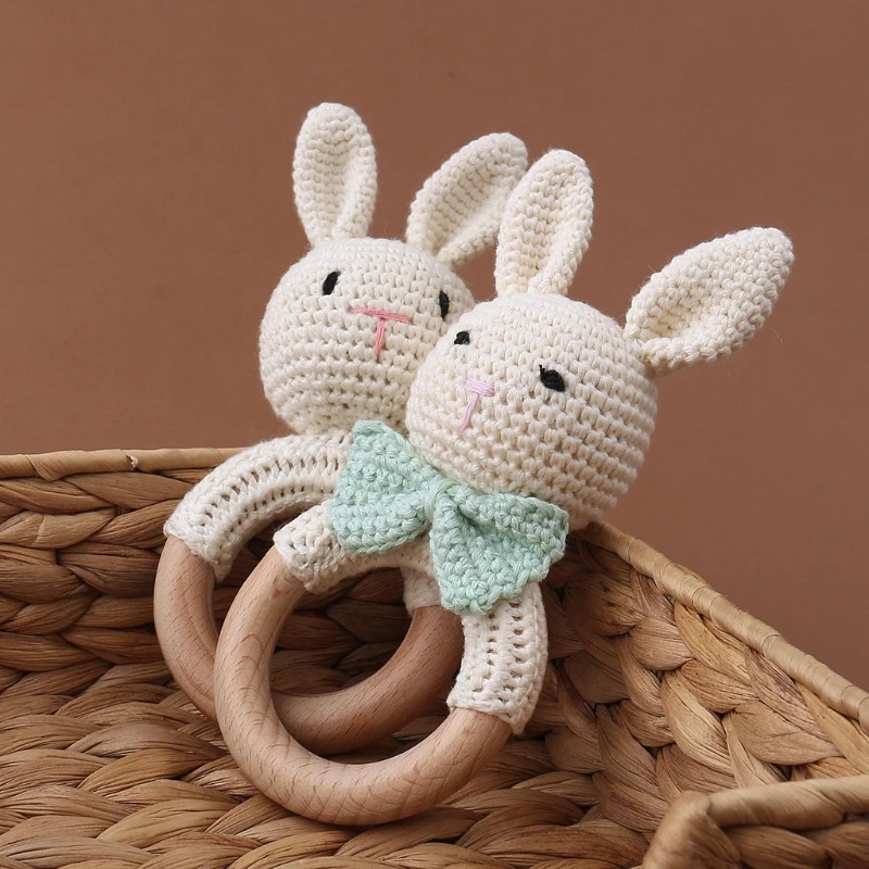 Wooden Crochet Bunny Rattle Toy BPA Free Wood Ring Baby Teether Rodent Baby Gym Mobile Rattles Newborn Educational Toys