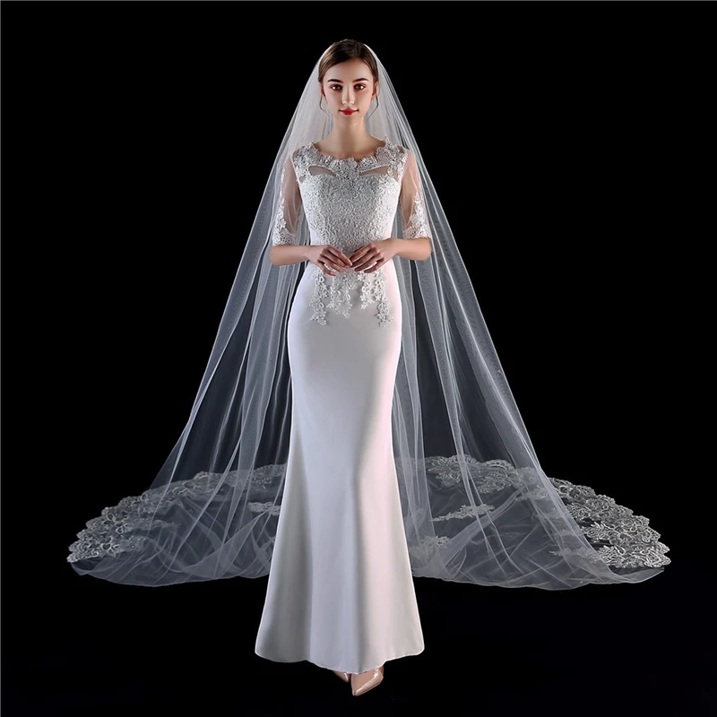 New Arrival Ivory Cathedral Bridal Veil Long Lace Applique Wedding viel with Comb Weeding accessoire Voile mariee Schleier