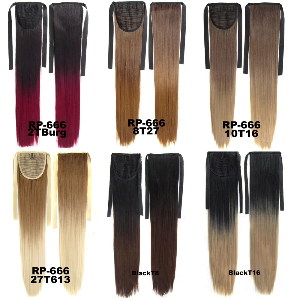 Long Straight Clip on Hair Tail Extension Synthetic Heat Resistant Gradient Color  Ponytail Hiarpieces