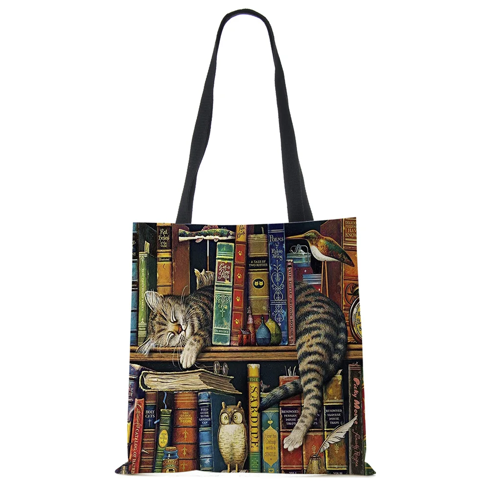 Personalizza la pittura a olio Cat Print Womens Designer Tote Bags borsa Shopping riutilizzabile in lino per generi alimentari borse a tracolla per signora