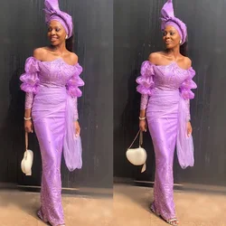 Aso Ebi Nigerian Light Purple Evening Dresses Appliques Off The Shoulder Long Sleeves Sheath Women Formal African Party Gowns