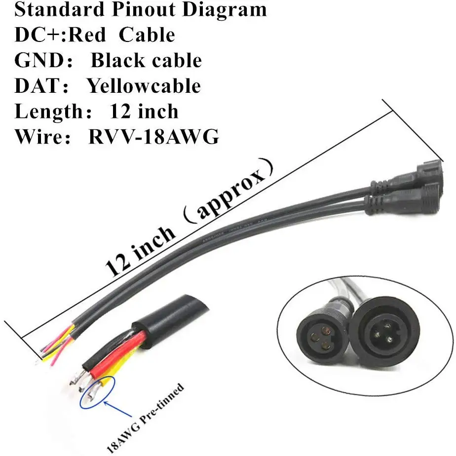 10 Pairs 3 Core-30cm Long Black Pigtail Male and Female Waterproof IP65 13.5mm Connector for LED Smart Pixel Lights