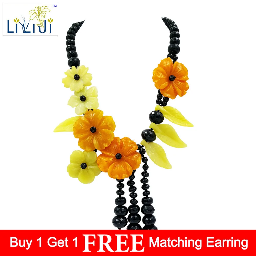 

LiiJi Unique Natural Stone Black Agatess Onyx,Korea Jades,Dye Orange color Jades Flowers Handmade Necklace