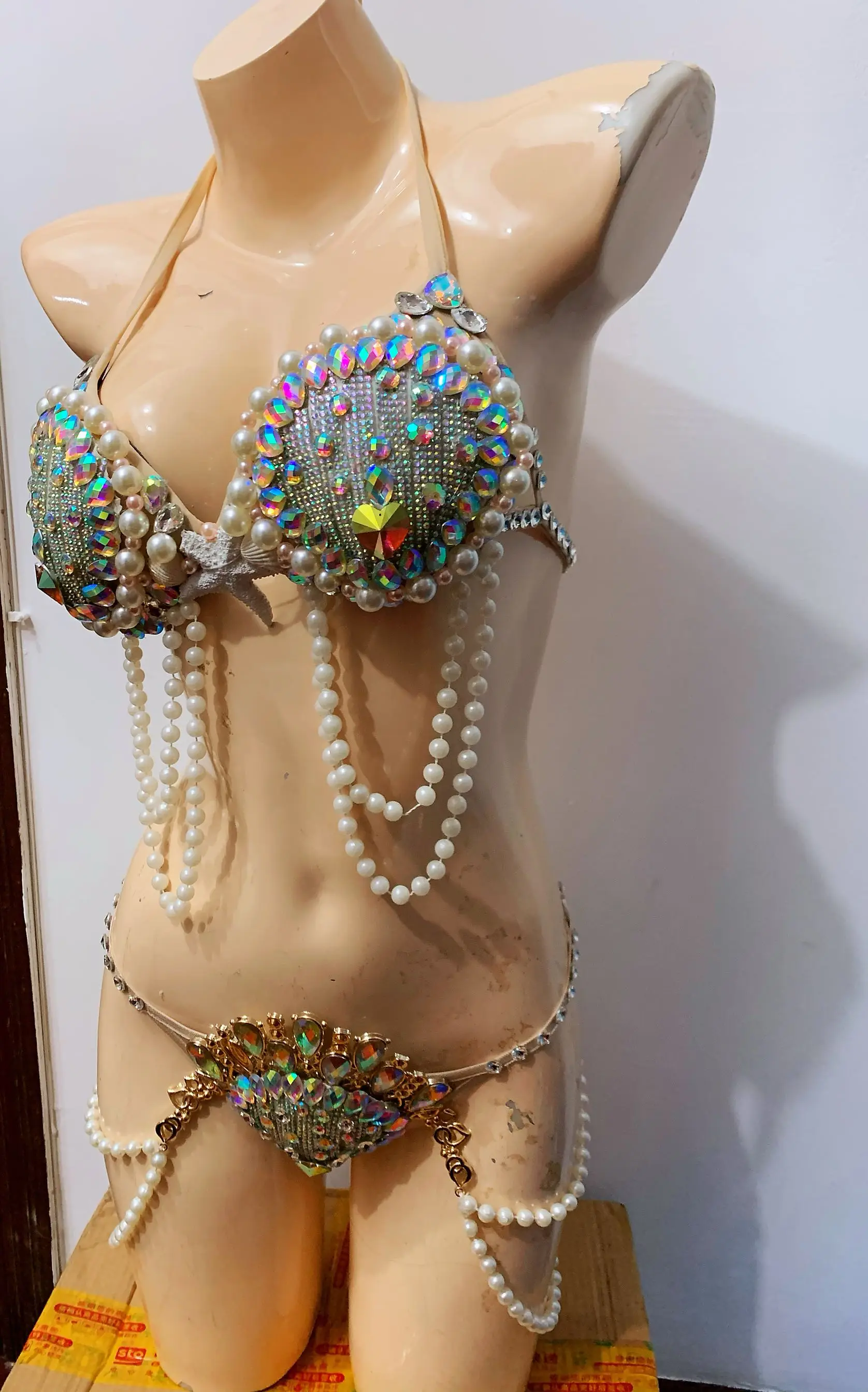 sexy shell bikini costume party girl shiny pearl rhinestones belly dance costumes Nightclub dj gogo rave outfit