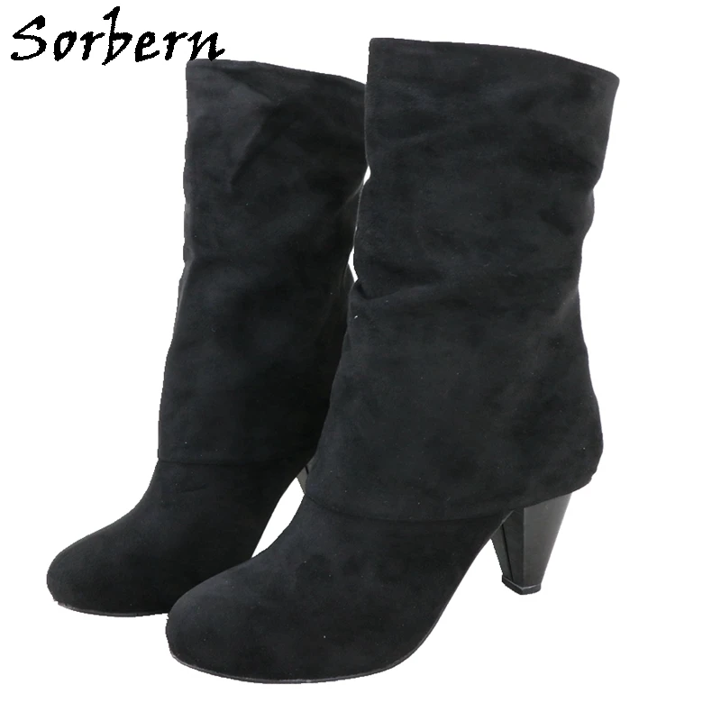 

Sorbern Black Faux Suede Boots Women Slip On Wide Ankle Kitten Heels Made-To-Order Size 44 Lady High Heel Shoes Ankle Booties