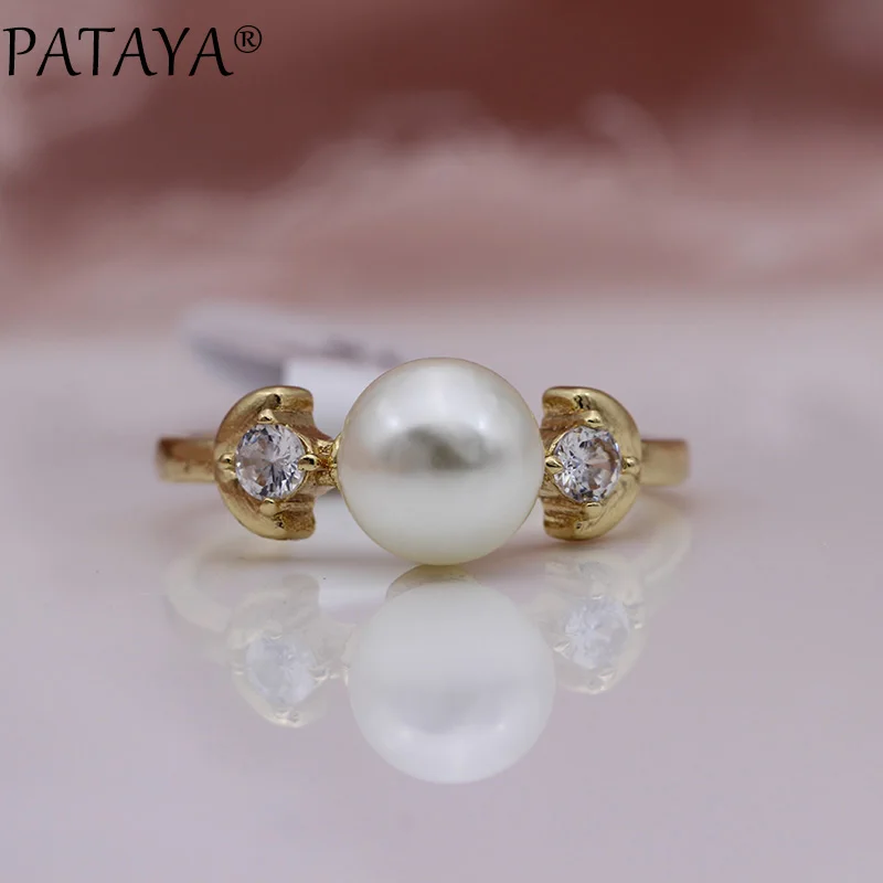 11.11 PATAYA New Special Price Women Daily Rings 585 Rose Gold Color Natural Zircon Wedding Fashion Jewelry White Pearls Rings