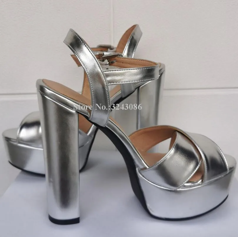 New Silver Color Leather Woman Platform Sandals Fashion Peep Toe Ankle Buckle Chunky Heel Sandals Lady Real Photos Office Sandal