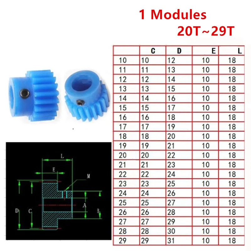 Nylon Gear 1 Modules 20T-29T Tooth Bore 4-15mm for High Temperature Resistance Self-lubrication Gear