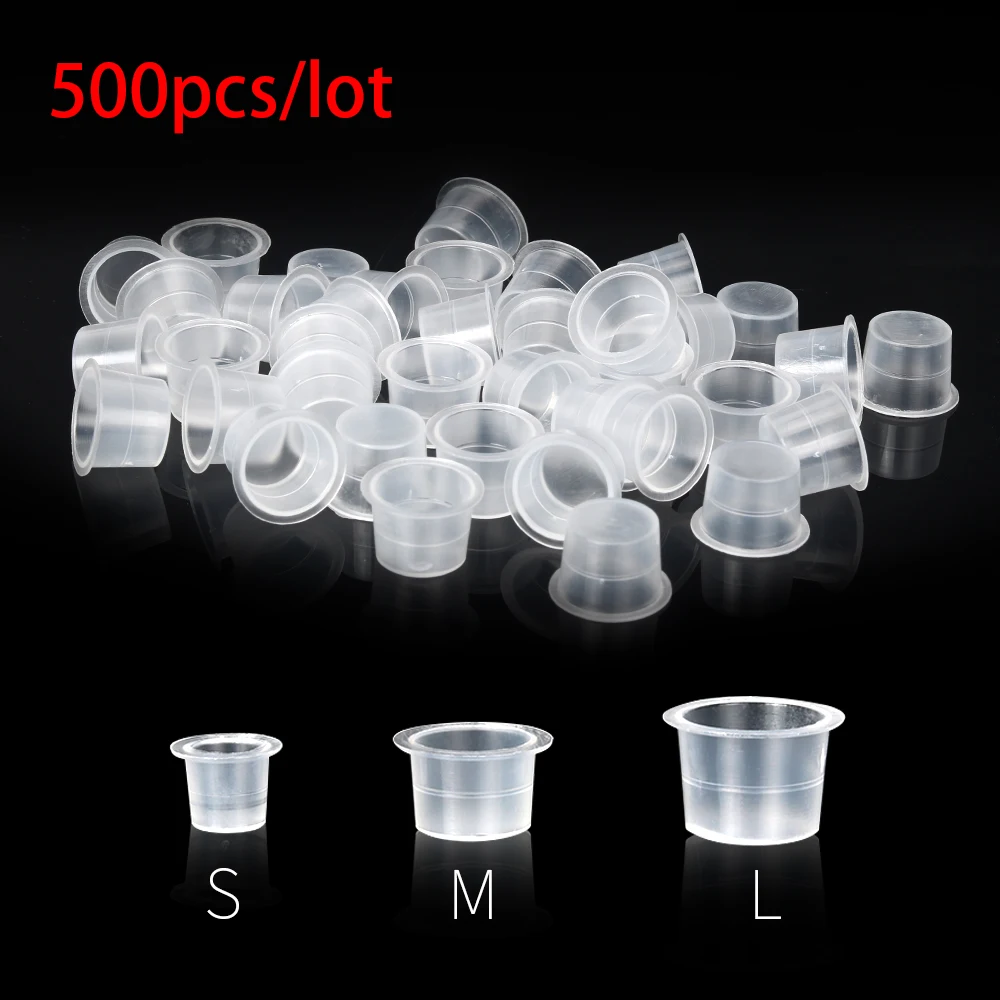 Mix 500pcs S/M/L Tattoo Ink Cup Cap Disposable Plastic Microblading Accessories Supply Pigment Clear Holder Rack Container