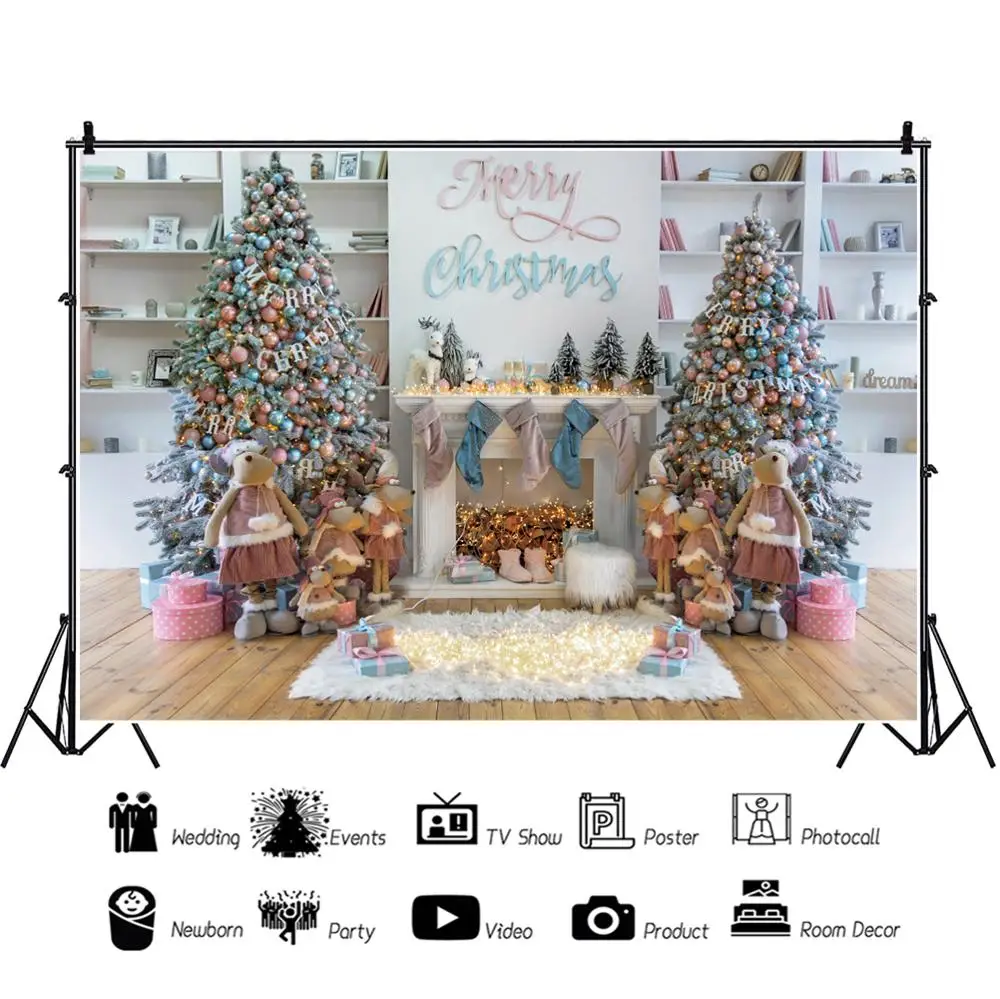 Merry Christmas Treeเตาผิงตุ๊กตาของเล่นเด็กภาพพื้นหลังฉากหลังการถ่ายภาพฉากหลังไวนิลPhotophone Photozone