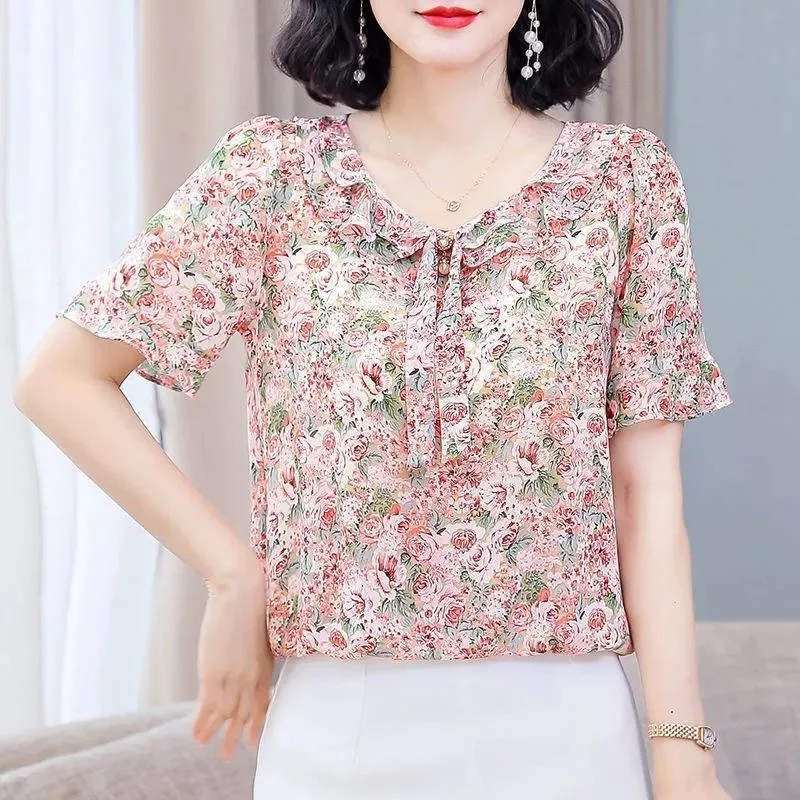 Women Spring Summer Style Chiffon Blouses Shirts Lady Casual Short Flare Sleeve Bow Tie Collar Chiffon Blusas Tops DF4116