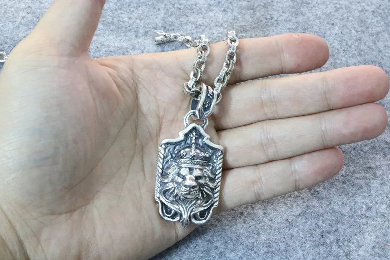 Real 925 sterling silver fashion men's tag lion pendant crown Thai silver personality