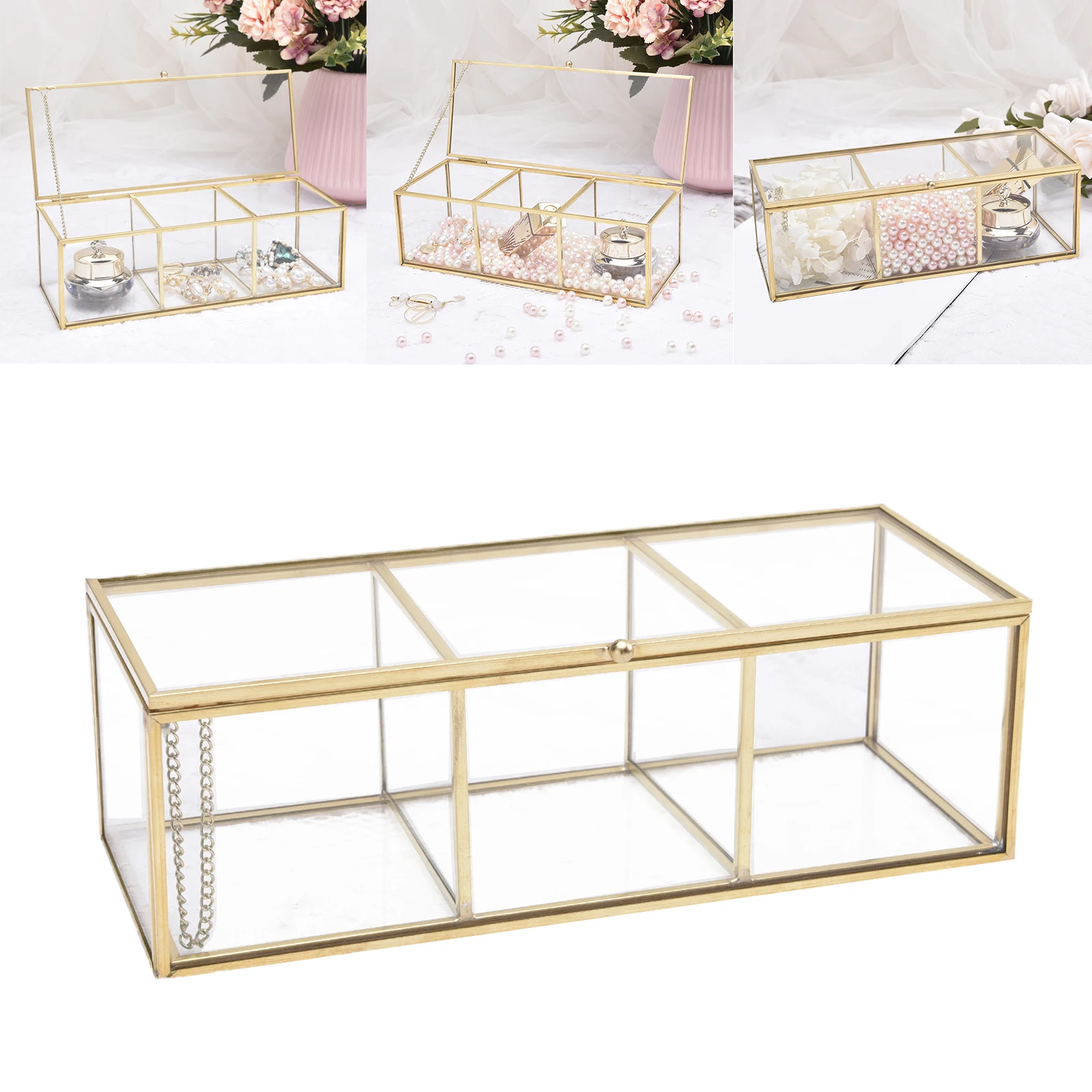 Clear Glass Makeup Organizer Tray, 3 Spaces Cosmetic Display Case Storage Box for Lipstick,Makeup Brushes and Skin Care Bottles