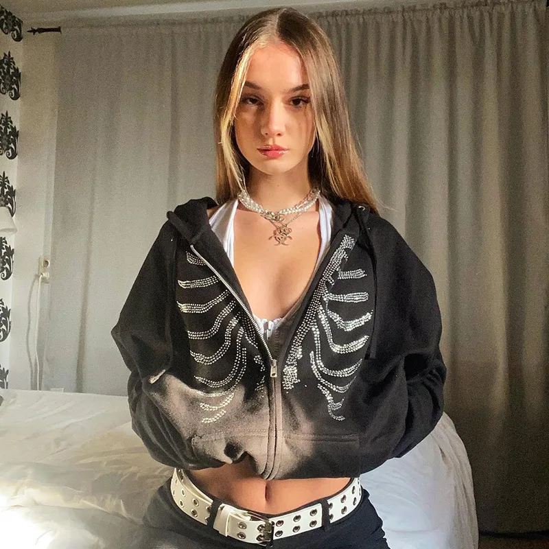 

Rhinestone Skeleton Zip Up Sweatshirts 2024 Summer Goth Hoodies Women Grunge Hooded Jacket Streetwear Retro Clothe