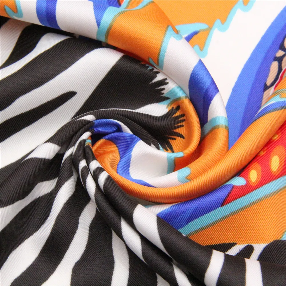 POBING Twill Silk Scarf Women Shawls Forest Zebra Print Stoles Bandana Kerchief Hijab Square Scarves Wraps Silk Foulards 130CM