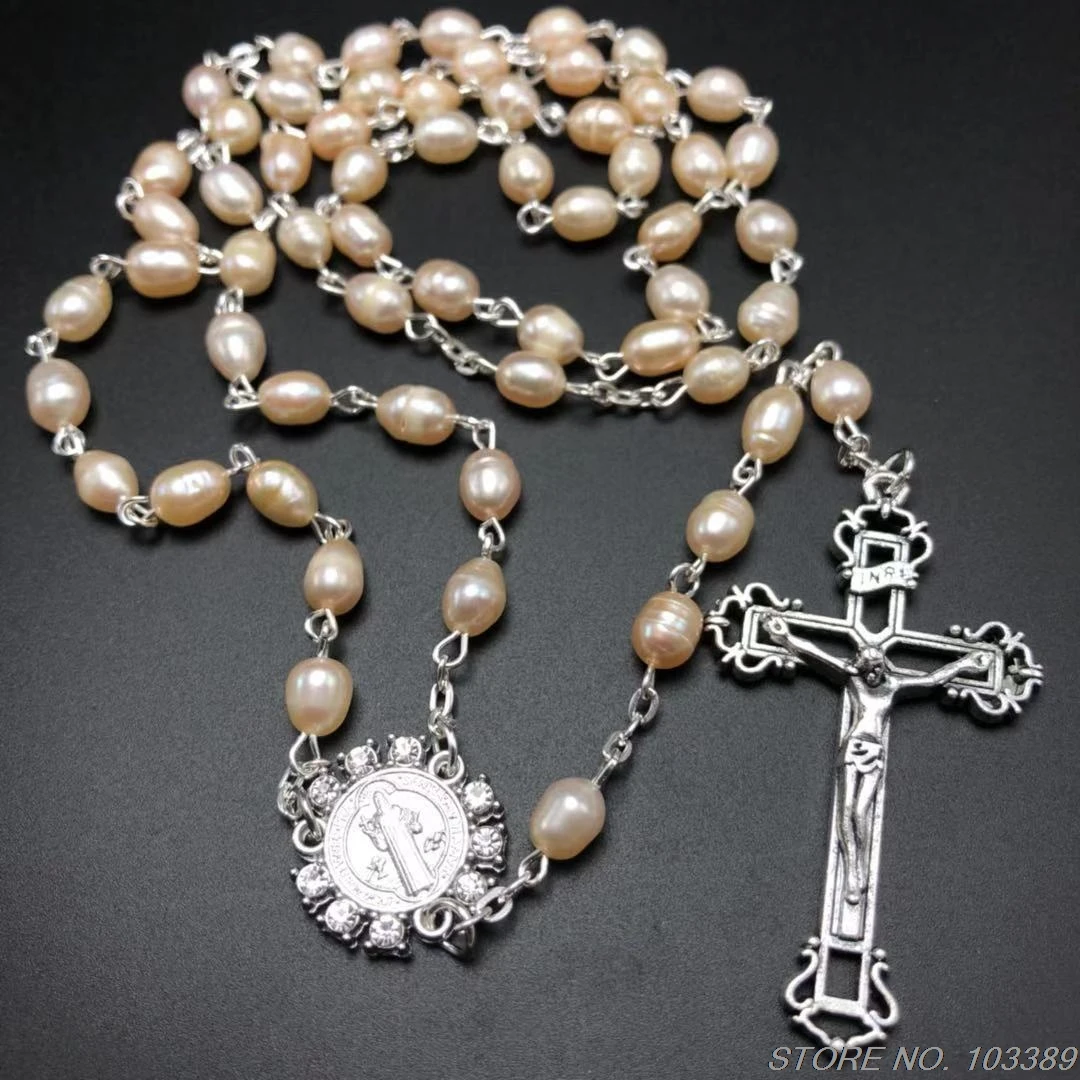 oval freshwater pearls rosary catholic rosary necklace with rhinestone benedict centerpiece and jesus
