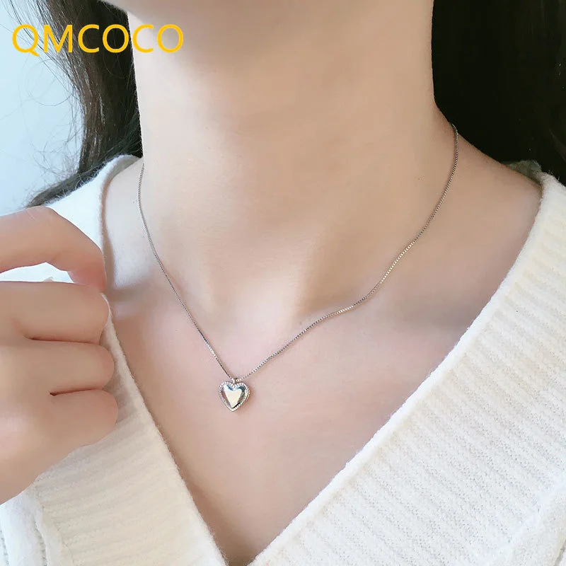 QMCOCO Minimalist Silver Color Exquisite Heart-Shape Necklace Charm Women Couples Trendy Elegant Birthday Party Jewelry Gift