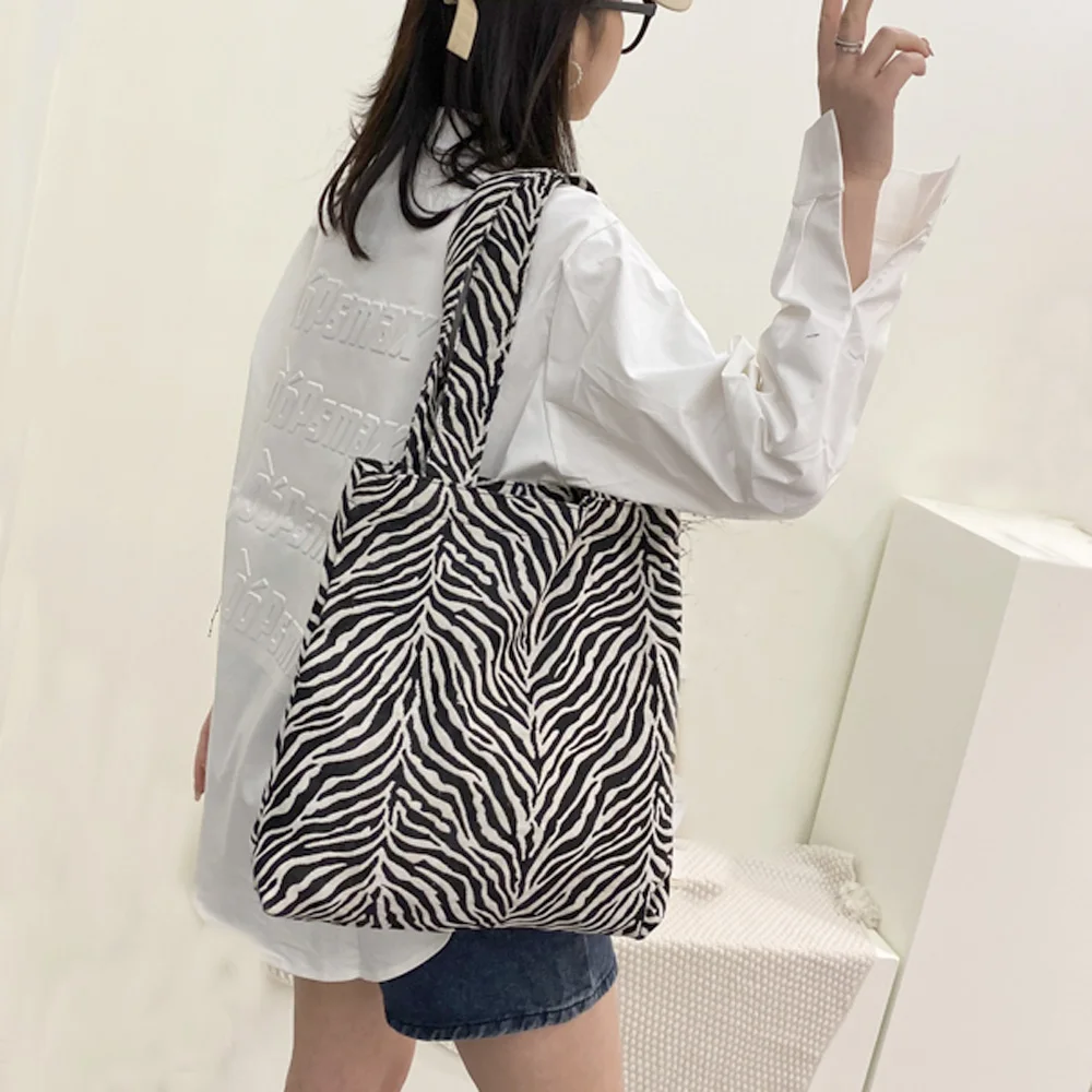 No. HTB-14 high-capacity zebra-stripe portable single-shoulder bag canvas bag for women shopping bag and for students