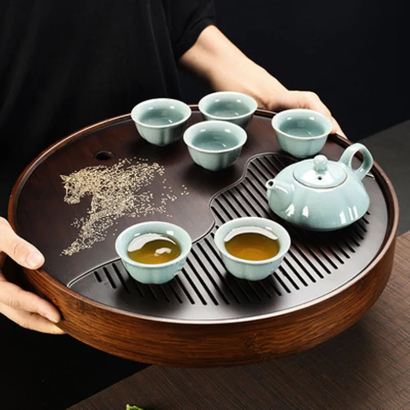 

Walnut Color Round Water Storage Bamboo Tea Tray Ceramic Tea Cups Teapot Set Simple Home Kung-Fu Tea Set Wood Pannl Tea Dish