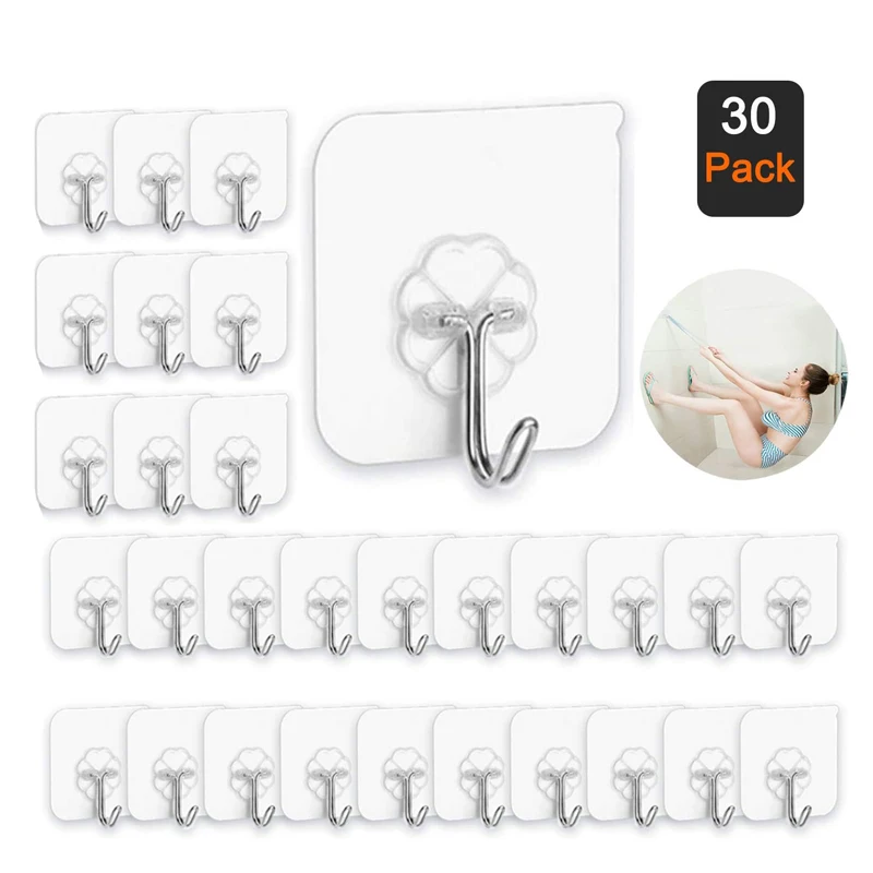 

30 Packs Heavy Duty Nail Free Sticky Hangers with Stainless Hooks For Kitchen Bathroom Wall Hooks