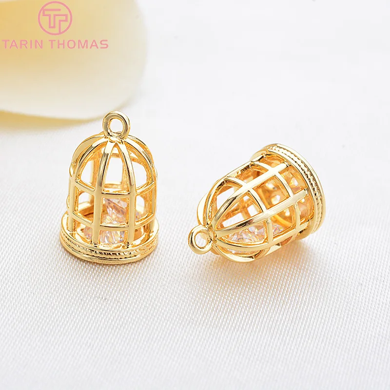 (510)6PCS 12x9MM 24K Gold Color Brass with Zircon Hollow Birdcage Charms Pendants High Quality DIY Jewelry Making Findings