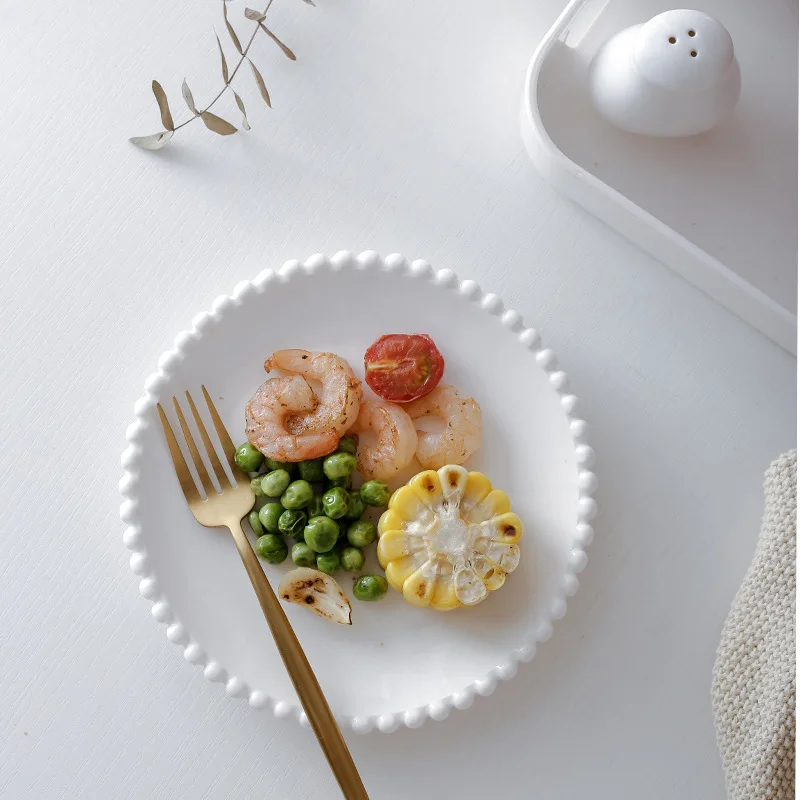 Japanese Style White Bead Ceramic Plate Bowl Set, Cake Dessert Plate, Small Square Bowls for Snack Food Crockery