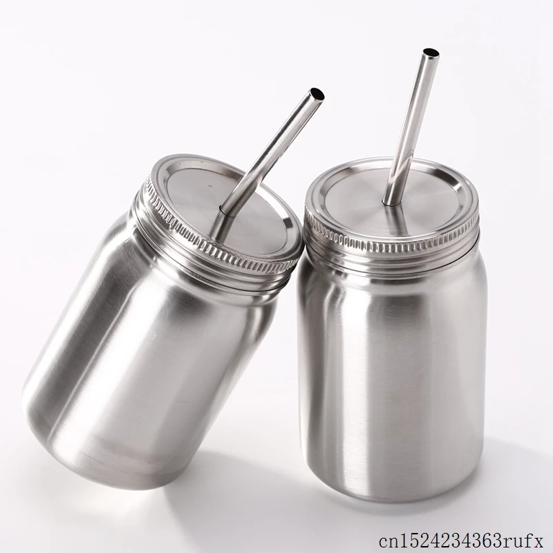 500ml Jar Double Stainless Steel Cup with Lid Straw Coffee Cups Beer Bottle Juice Cup