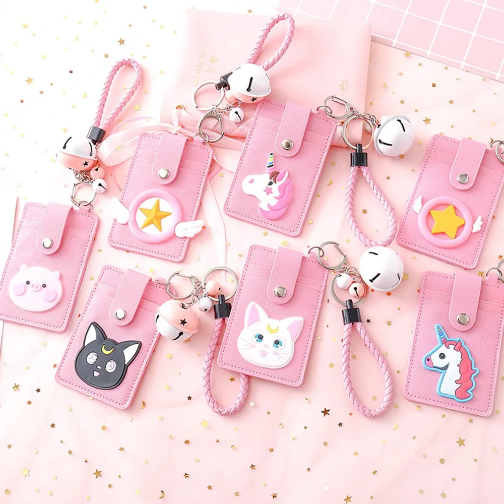 1 Pcs Cute Creative Credit Card Set Pink Girl ID Card 3 Card Slots Student Card Bus Card Lanyard Card Set with Key Chain