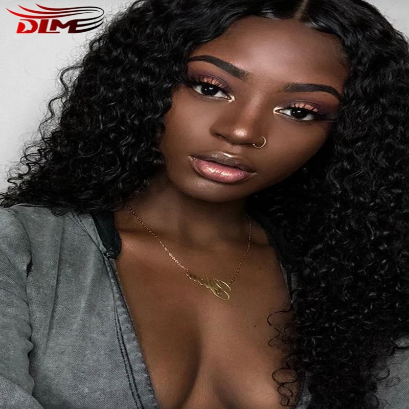 

DLME Lace Front Wigs kinky Curly Synthetic Heat Resistant Hair 150 Density Black Wig For Women