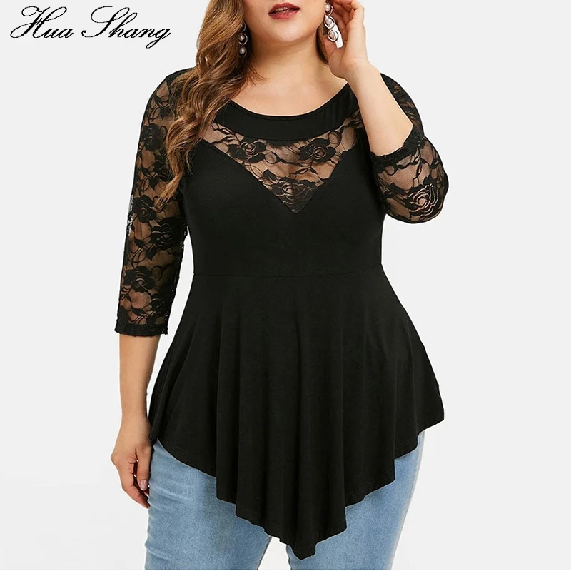 HUA SHANG 2021 Fashion Floral Lace Hollow Out Sexy Tunic Blouse Women Clothing Summer Solid Tops Ladies Ruffles Irregular Blusas