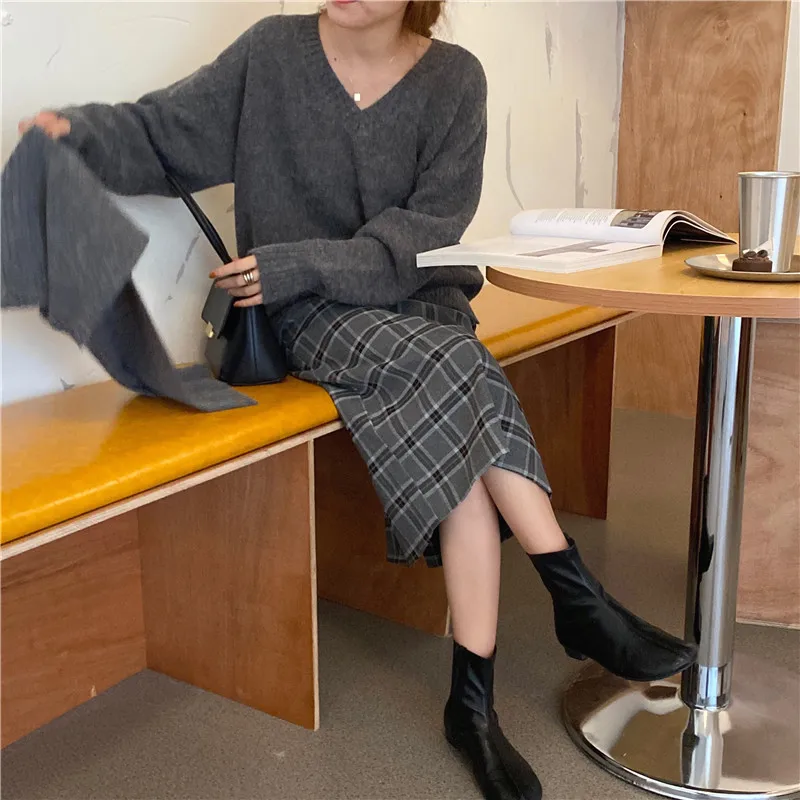 2020 Autumn Winter Knitting Skirt High Waist Long Pencil Skirt Women Knitted Casual Vintage Maxi Skirt Vintage Warm Thick Midi