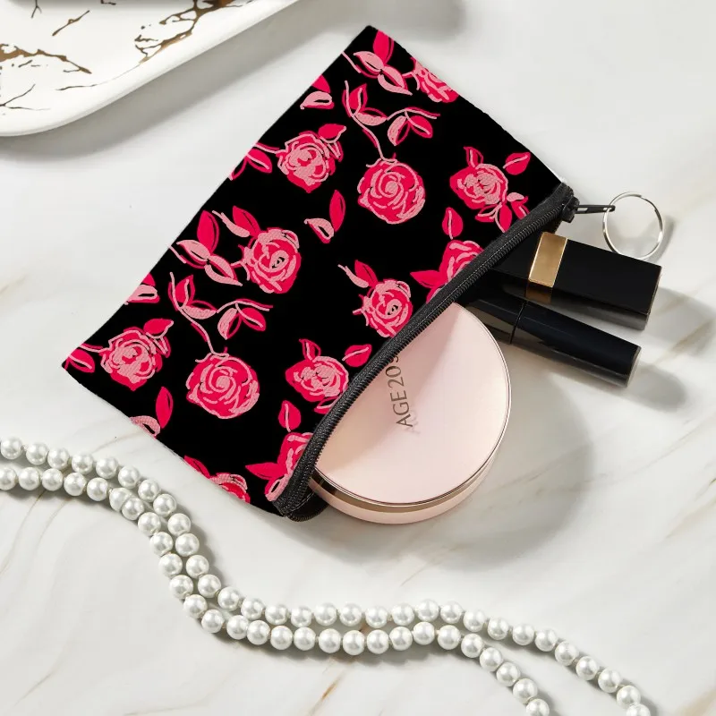 NEW Women Fashion Pink Flowers Coin Purse Girls Canvas Wallet Money Pouch Lipstick Air Cushion  Lady Small Bag  With A Zipper