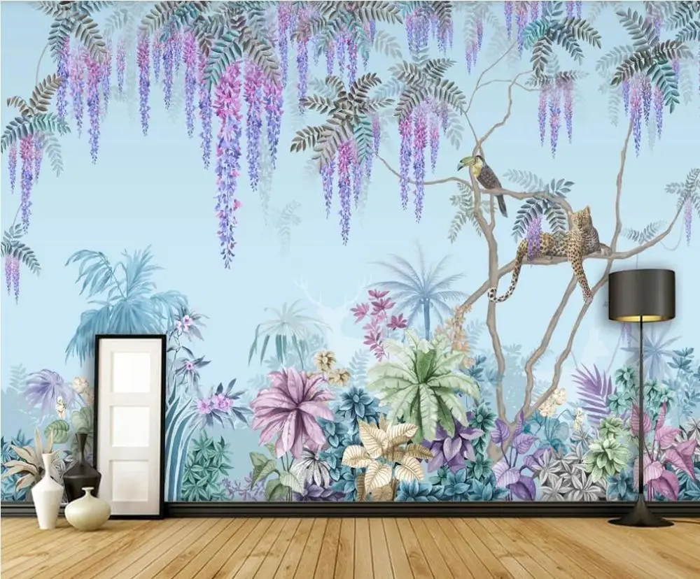 Custom large mural wallpaper hand-painted Western painting tropical jungle wisteria animal background decorative painting