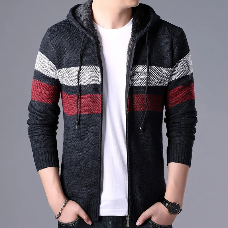 

Winter Fleece Cardigan Men Knitted Sweatercoat Mens Fashioutn Striped Hooded Knit Cardigan Slim Warm Casual Sweater Jacket Man