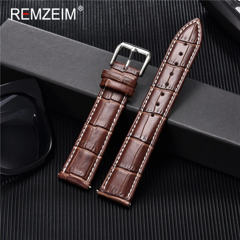 REMZEIM Calfskin Leather Watchband Universal Watch Band Wrist Strap 16mm 18mm 20mm 22mm 24mm With Silver Stainless Steel Buckle