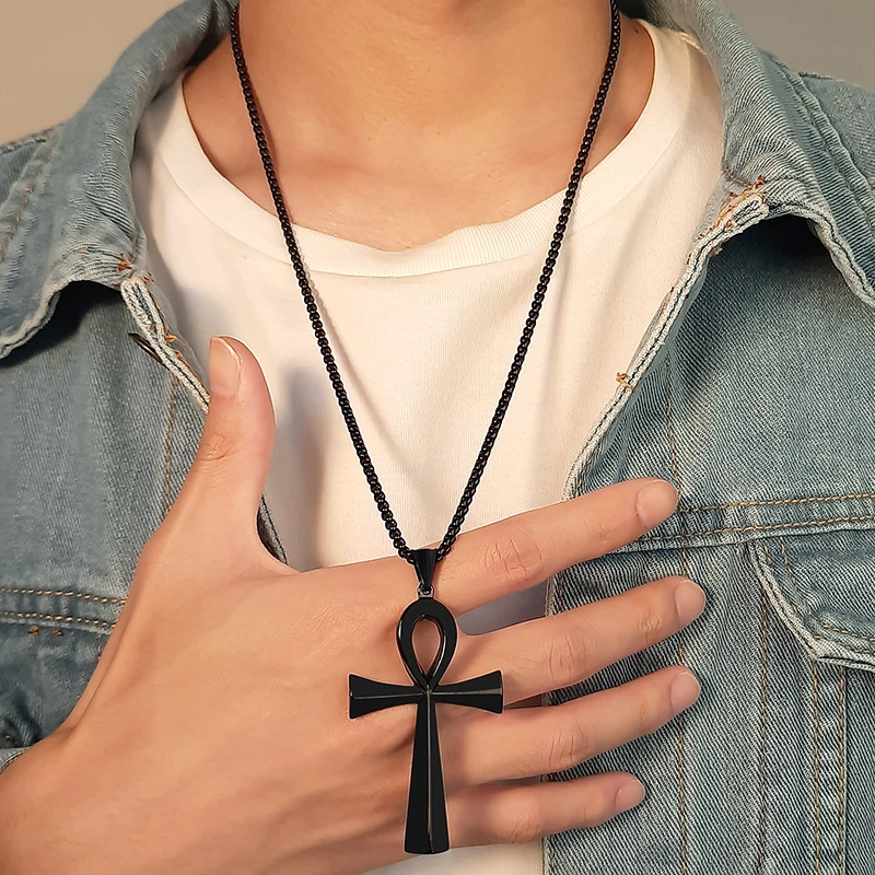 Vnox Religion Egyptian Ankh Crucifix Necklaces Stainless Steel Symbol of Life Cross Pendants Prayer Gifts Jewelry