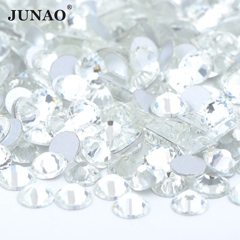 JUNAO ss6 ss8 ss12 ss16 ss20 Black Crystal Flatback Nail Art Rhinestones Round Glass Stones Glue On Nail Beads AB Strass Crystal